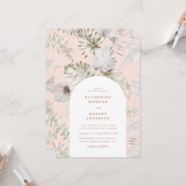 Invitation Luxueux Silver Tropical Foliage Mariage (Devant/Arrière en situation)