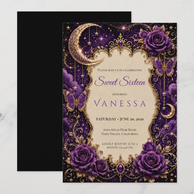 Invitation Luxueux Strass Violet Glitter doux 16 (Devant / Derrière)