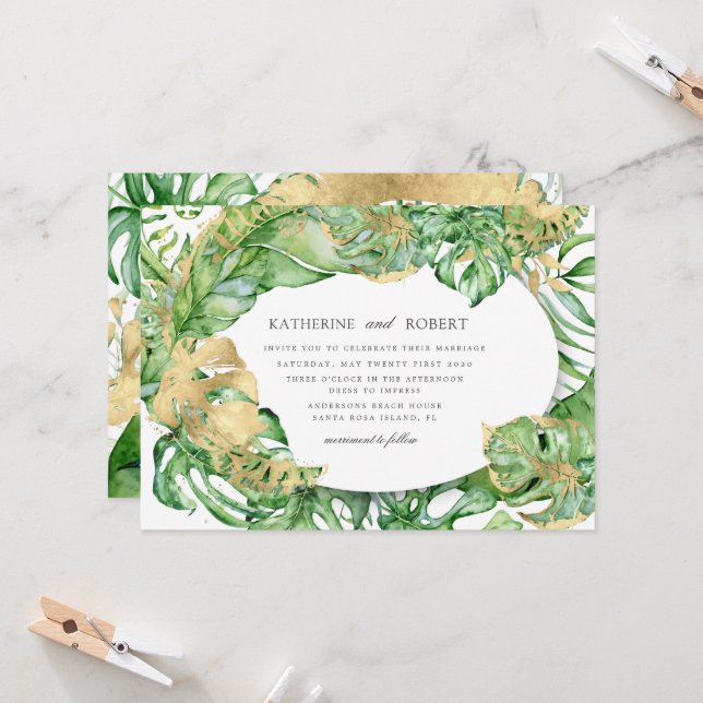 Invitation Luxueux Tropical Golden Foliage Mariage (Devant/Arrière en situation)