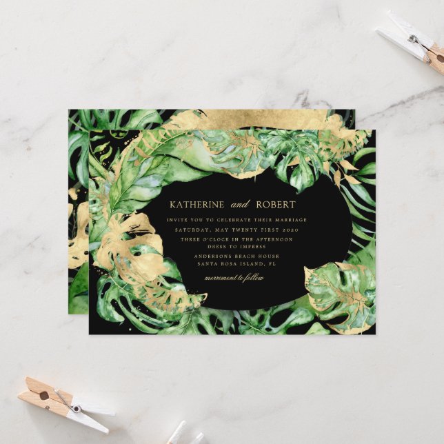 Invitation Luxueux Tropical Golden Foliage Mariage (Devant/Arrière en situation)