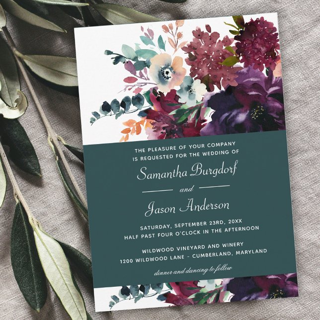 Invitation Luxueux Turquoise Bourgogne Aquarelle Mariage Flor (Créateur téléchargé)