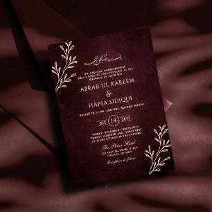 Invitation Luxuriant Bourgogne Floral Gold Mariage islamique