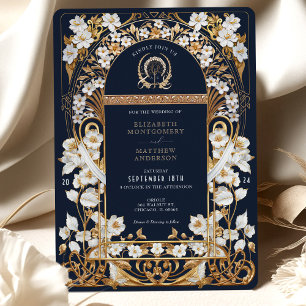Invitation Luxuriant Navy Blue & Antique Gold Floral Mariage