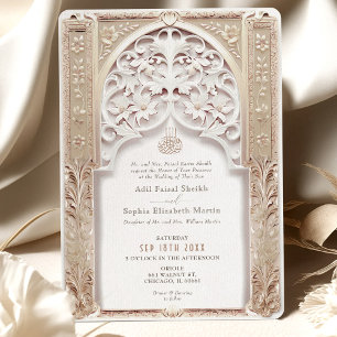 Invitation Luxuriante crème & Or Mariage islamique Arabesque
