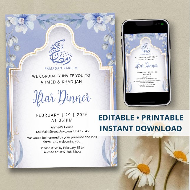 Invitation Luxurious Blue and Gold Floral Iftar Dinner (Créateur téléchargé)