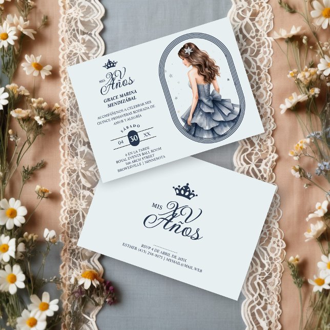 Invitation Luxurious Blue Oval Frame Charming Quinceañera  (Spanish Luxurious Blue Oval Frame Charming Quinceañera Doll Illustration in Blue Shades Invitation.)