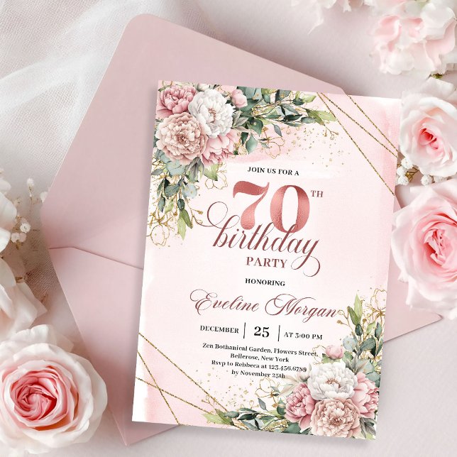 Invitation Luxurious Dusty Pink Floral Greenery 70th Birthday (Luxurious Dusty Pink Floral Greenery 70th Birthday Invitation)