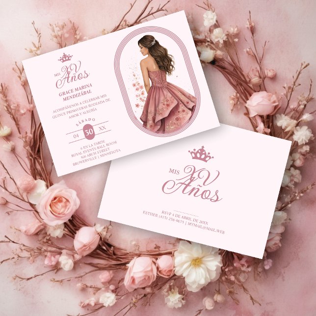 Invitation Luxurious Pink Oval Frame Charming Quinceañera (Spanish Luxurious Pink Oval Frame Charming Quinceañera Doll Illustration in Pink Shades Invitation.)