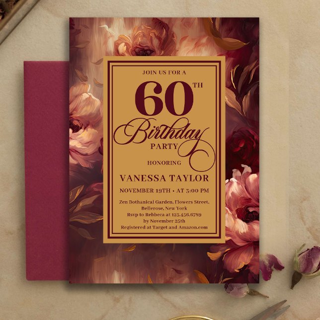 Invitation Luxury 60 Birthday Burgundy Blush Gold Watercolor (Luxury 60th Birthday Burgundy Blush Gold Watercolor Invite)