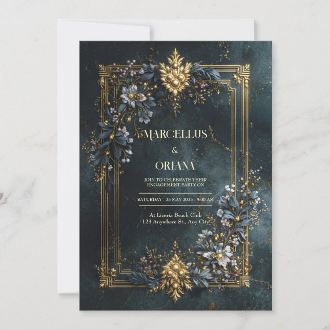 Invitation Luxury Baroque Gold Frame Dark Teal Floral Wedding (Devant)