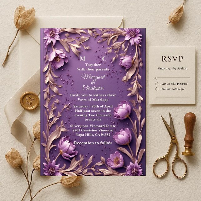 Invitation Luxury Baroque Opulent Purple Tulips Gold Wedding  (Luxury Baroque Opulent Purple Tulips Gold Wedding Invitation)