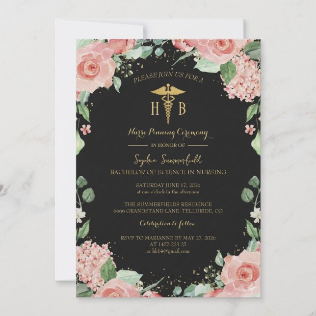 Invitation Luxury Black and Gold Floral Nursing Graduation In (Devant)