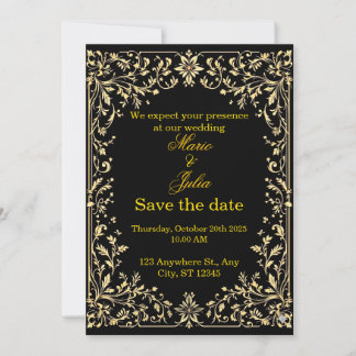 Invitation Luxury Black & Gold Scandinavian Rosemaling Weddin