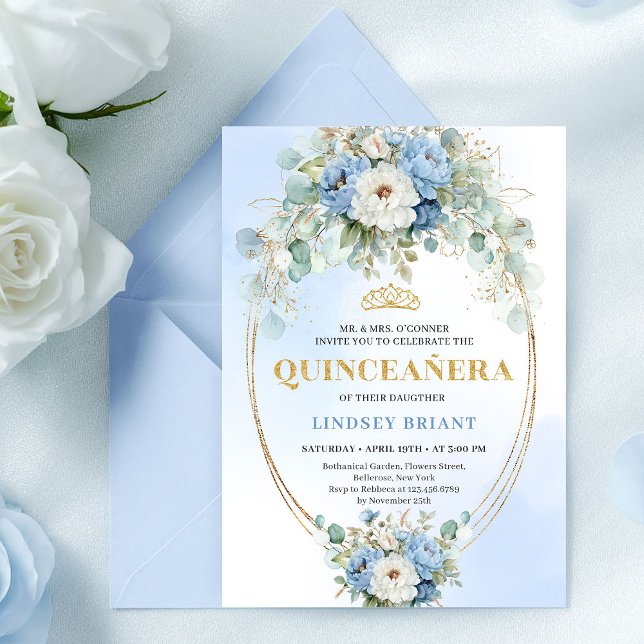Invitation Luxury Blue Peonies Gold Quinceañera 15th Birthday (Luxury Blue Peonies Quinceañera 15th Birthday Invitation)