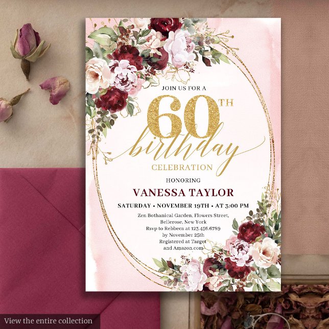Invitation Luxury Boho Burgundy Gold Floral 60th Birthday  (Luxury Boho Burgundy Gold Floral 60th Birthday)