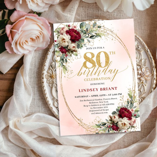 Invitation Luxury Burgundy Bohemian Floral 80th Birthday  (Luxury Burgundy Bohemian Floral 80th Birthday Invite)