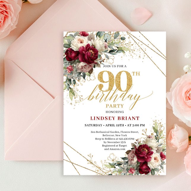 Invitation Luxury Burgundy Floral Gold 90th Birthday Invite (Luxury Burgundy Floral Gold 90th Birthday Invitation)