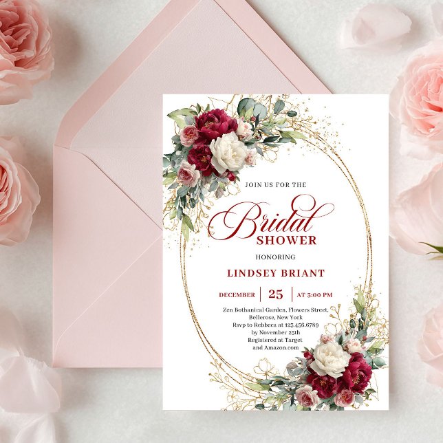 Invitation Luxury Burgundy White Floral Gold Shower (Luxury Burgundy White Floral Gold Shower)