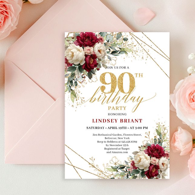 Invitation Luxury Burgundy White Roses Gold 90th Birthday  (Luxury Burgundy White Roses Gold 90th Birthday Invite)