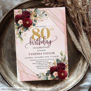 Invitation Luxury Dark Red Blush Gold Roses 80e anniversaire