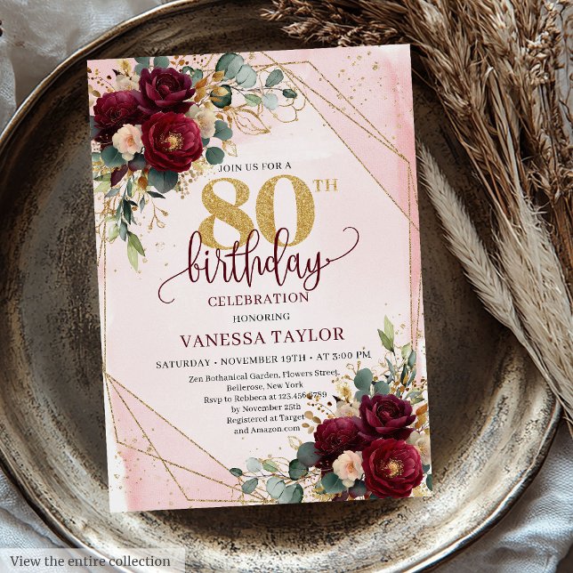 Invitation Luxury Dark Red Blush Gold Roses 80e anniversaire (Luxury Dark Red Blush Gold Roses 80th Birthday Invitation)