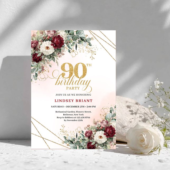 Invitation Luxury Deep Red Floral Gold 90th Birthday Invite (Luxury Deep Red Floral Gold 90th Birthday Invitation)