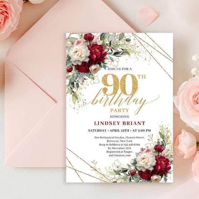 Invitation Luxury Deep Red Floral Gold 90th Birthday Invite (Luxury Deep Red Floral Gold 90th Birthday Invitation)