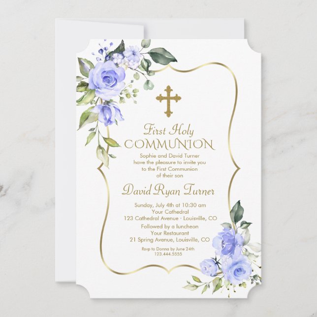 Invitation Luxury Delicate Blue Flowers First Holy Communion (Devant)