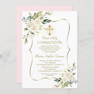 Invitation Luxury Delicate White Flowers Pink Holy Communion
