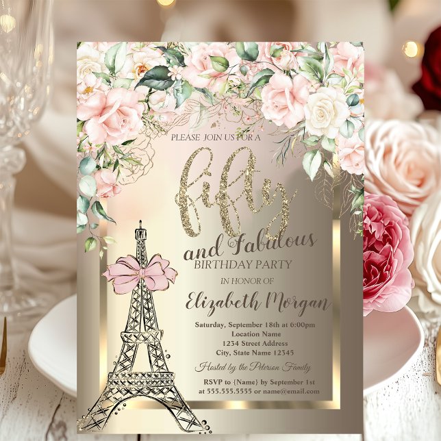 Invitation Luxury Diamonds Eiffel Tower,Pink Bow Roses 50th  (Créateur téléchargé)