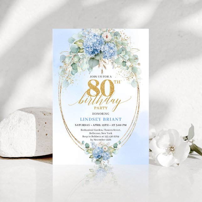 Invitation Luxury Dusty Blue Floral Gold 80th Birthday Invite (Luxury Dusty Blue Floral Gold 80th Birthday Invite)