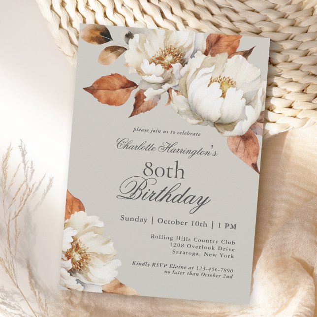 Invitation Luxury Fall Floral 80e fête d'anniversaire (A beautifully feminine fall floral 80th birthday party invitation for your special celebration.
)
