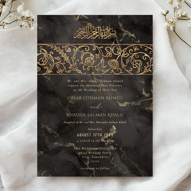 Invitation Luxury Floral Gold Black Marble Islamic Wedding (Créateur téléchargé)