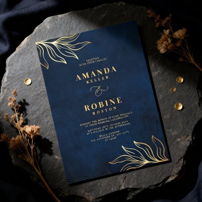Invitation Luxury Floral Navy Blue & Gold Wedding (Créateur téléchargé)
