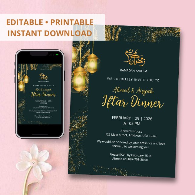 Invitation Luxury Gold and Dark Emerald Iftar Dinner (Créateur téléchargé)