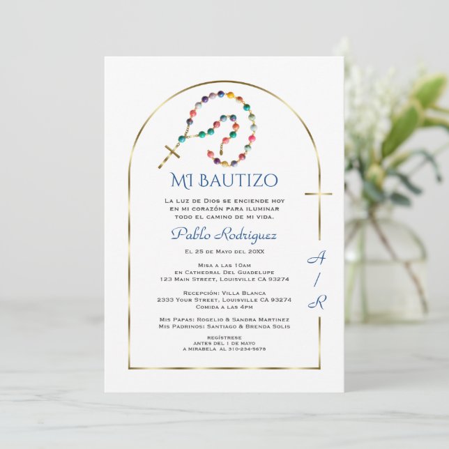 Invitation Luxury Gold Arch Rosary Boy Monogram Bautizo (Debout devant)