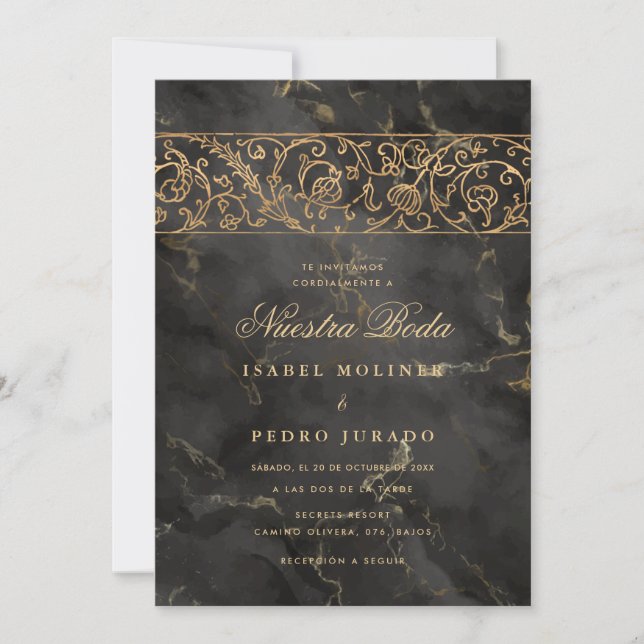 Invitation Luxury Gold Black Marble Nuestra Boda Wedding (Devant)