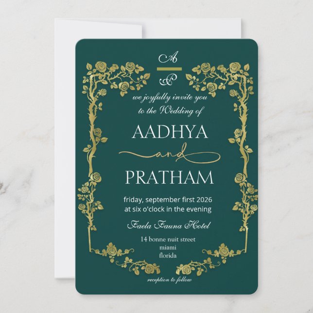 Invitation Luxury Gold Floral Frame Wedding (Devant)