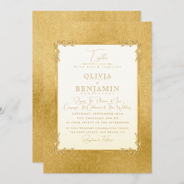 Invitation Luxury Gold Frame florale & Golden texture Mariage (Devant / Derrière)