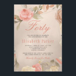 Invitation Luxury Gold Peach Coral Floral 40e fête d'annivers<br><div class="desc">Écran glam élégant quarante anniversaire invitation avec un jardin peint à la main cadre rose de rose rousse, rouge rouillé pâle, crème acajou et fleurs beige tan avec feuillage sur un arrière - plan en cuivre or faux métal brillant feuille. Facile à personnaliser avec vos détails ! Convient pour un...</div>