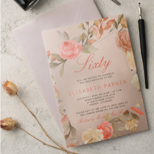 Invitation Luxury Gold Peach Coral Floral 60e fête d'annivers