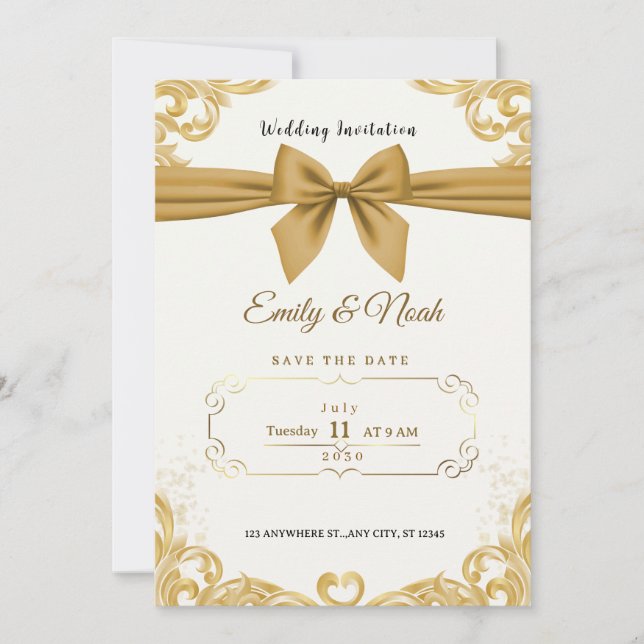 Invitation Luxury Gold Ribbon & Bow Elegant Wedding Invite (Devant)