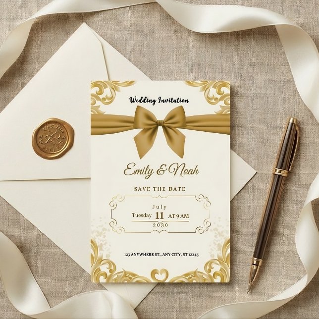 Invitation Luxury Gold Ribbon & Bow Elegant Wedding Invite (Créateur téléchargé)