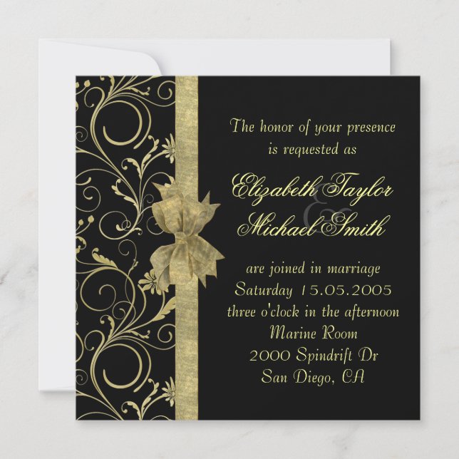Invitation Luxury Gold Ribbon Damask Black Wedding Invite (Devant)