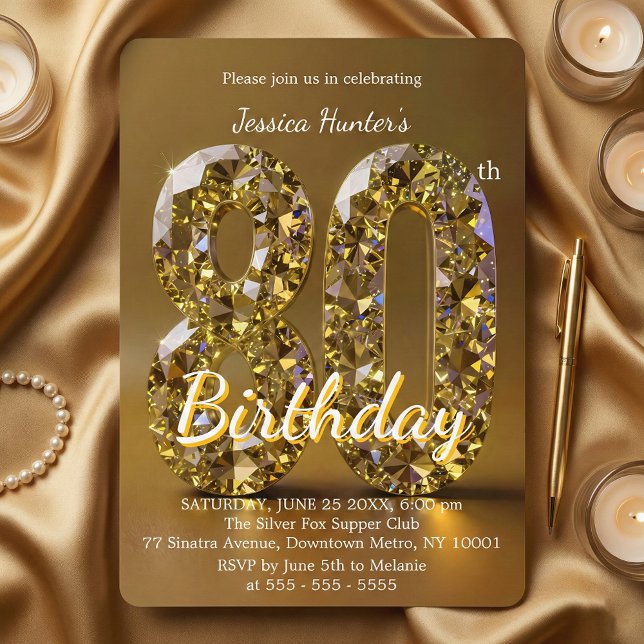 Invitation Luxury Gold Yellow Diamond Gemstone 80th Birthday (Créateur téléchargé)