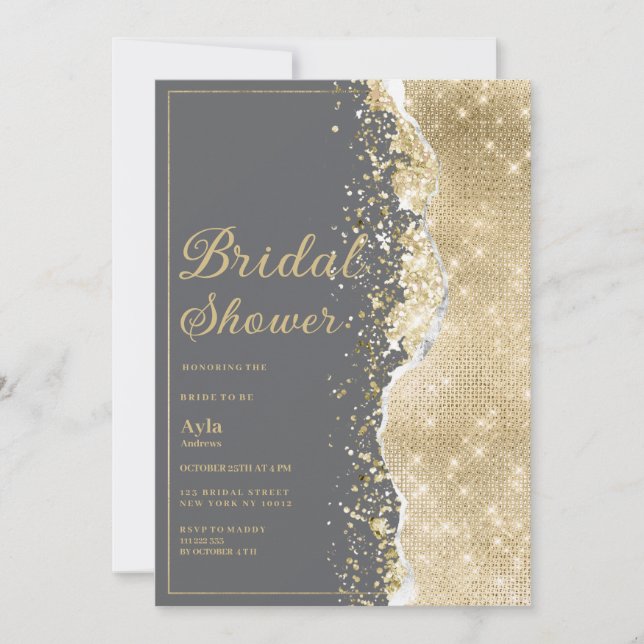 Invitation Luxury grey gold glitter classy Bridal Shower (Devant)