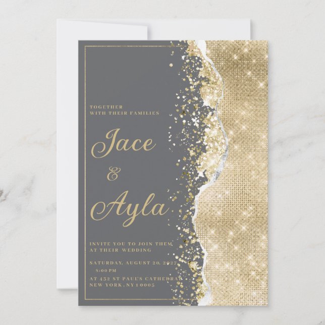 Invitation Luxury grey gold glitter classy Wedding (Devant)
