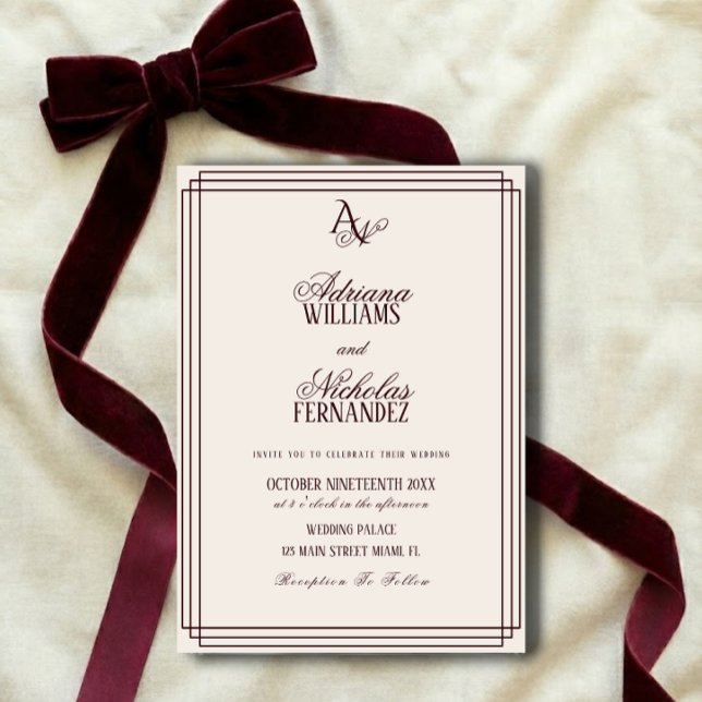 Invitation Luxury Ivory Burgundy Monogram Wedding (Créateur téléchargé)
