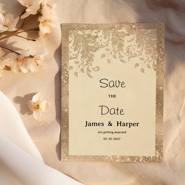 Invitation Luxury ivory gold glitter lace flora Save the Date (Luxury ivory gold glitter lace flora Save the Date)