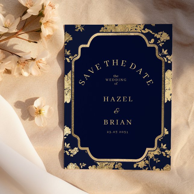 Invitation Luxury navy blue and gold floral Save the Date (Luxury navy blue and gold floral Save the Date )